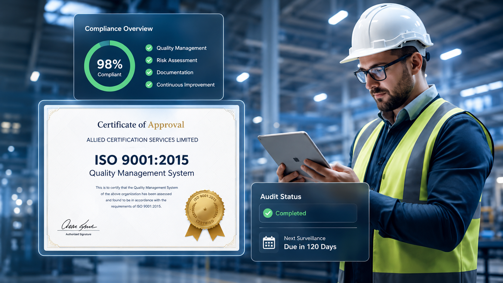 Certification auditor reviewing compliance documentation on site